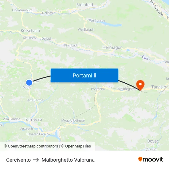 Cercivento to Malborghetto Valbruna map