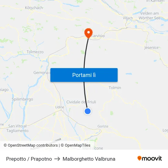 Prepotto / Prapotno to Malborghetto Valbruna map