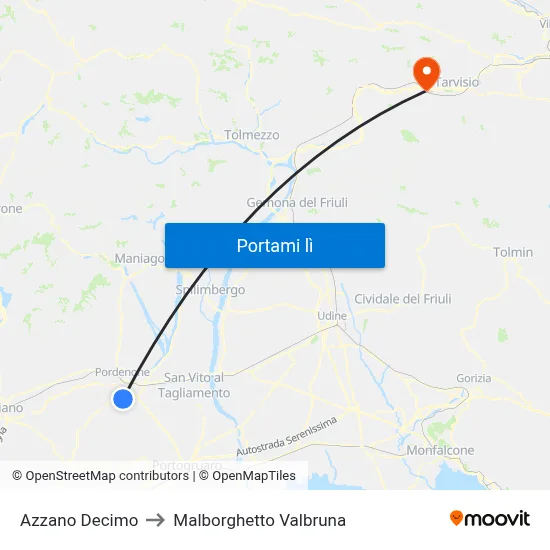 Azzano Decimo to Malborghetto Valbruna map