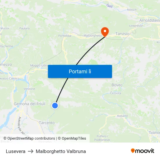 Lusevera to Malborghetto Valbruna map