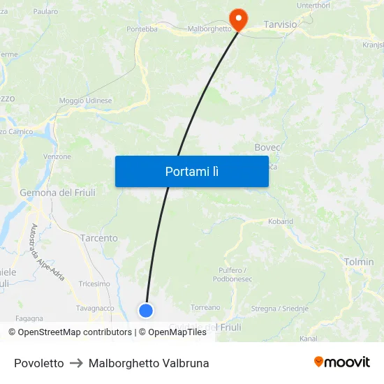 Povoletto to Malborghetto Valbruna map