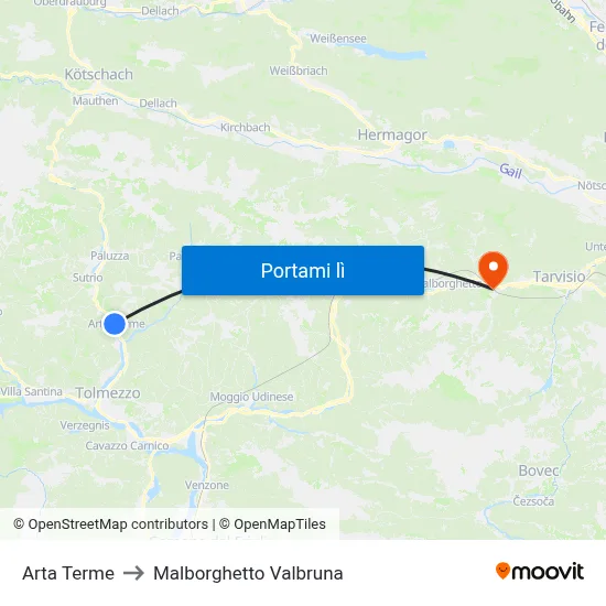Arta Terme to Malborghetto Valbruna map