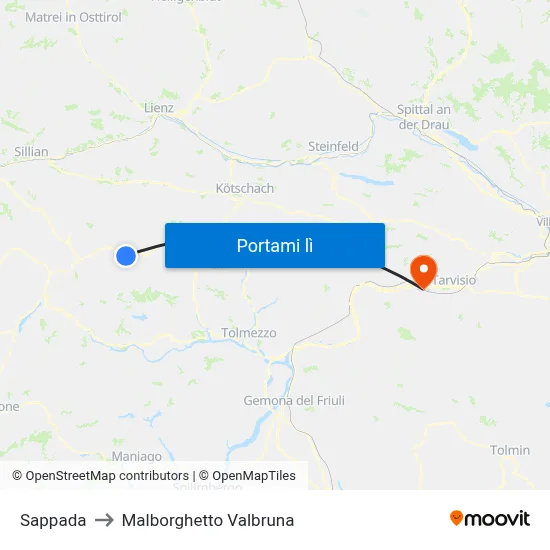 Sappada to Malborghetto Valbruna map