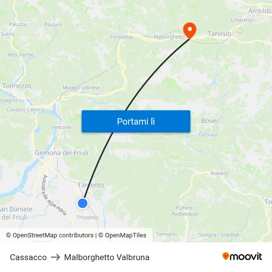 Cassacco to Malborghetto Valbruna map