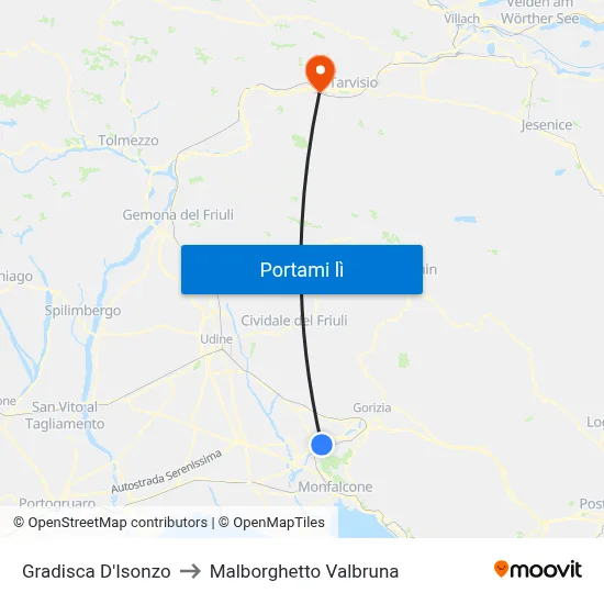 Gradisca D'Isonzo to Malborghetto Valbruna map