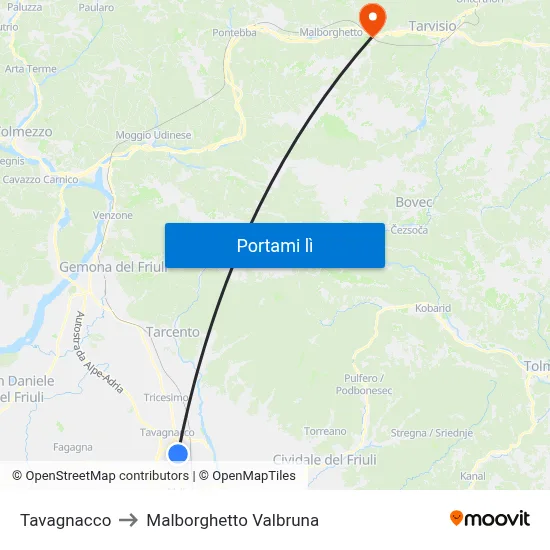 Tavagnacco to Malborghetto Valbruna map