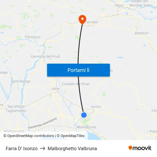 Farra D' Isonzo to Malborghetto Valbruna map