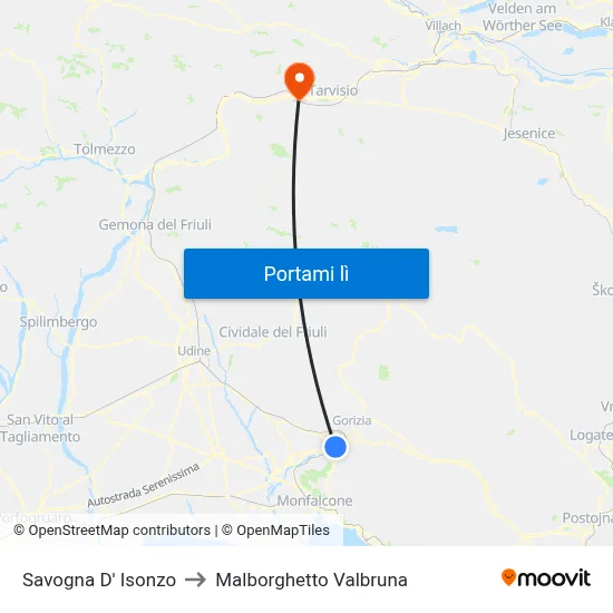 Savogna D' Isonzo to Malborghetto Valbruna map