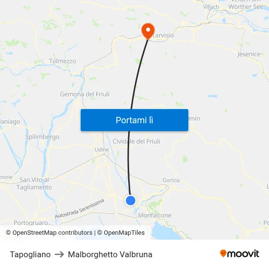 Tapogliano to Malborghetto Valbruna map