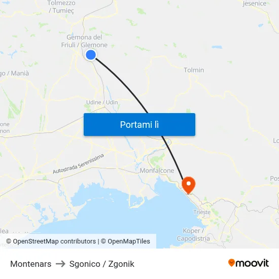 Montenars to Sgonico / Zgonik map