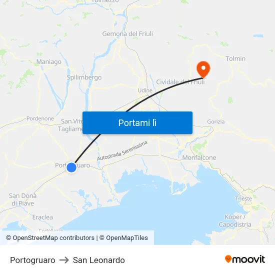 Portogruaro to San Leonardo map