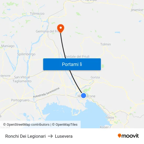 Ronchi Dei Legionari to Lusevera map