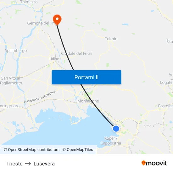 Trieste to Lusevera map