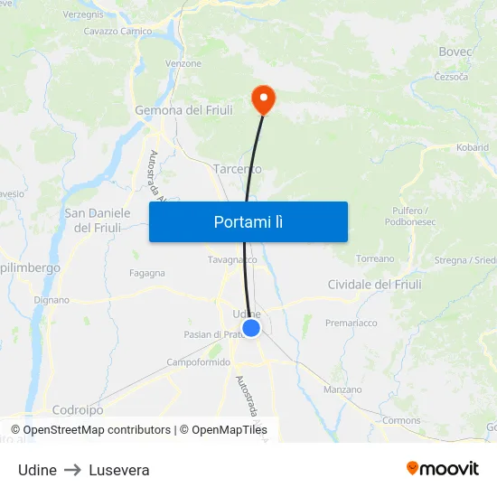 Udine to Lusevera map