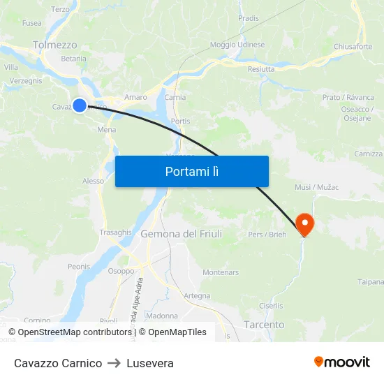 Cavazzo Carnico to Lusevera map
