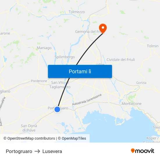 Portogruaro to Lusevera map