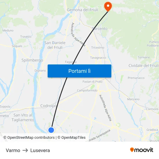 Varmo to Lusevera map