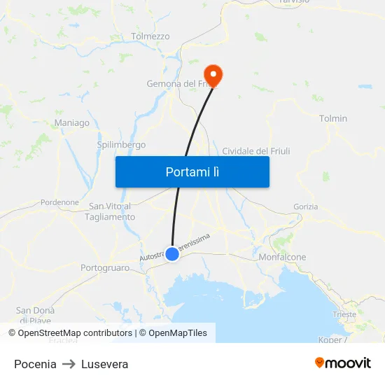 Pocenia to Lusevera map