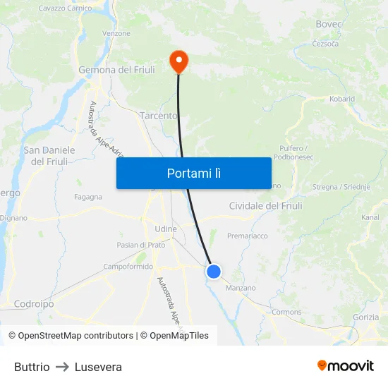 Buttrio to Lusevera map