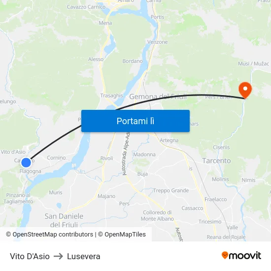 Vito D'Asio to Lusevera map