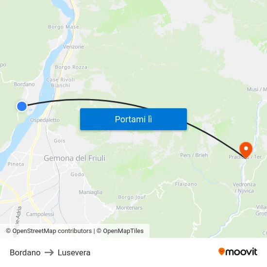 Bordano to Lusevera map