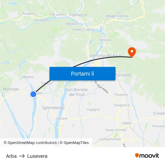 Arba to Lusevera map