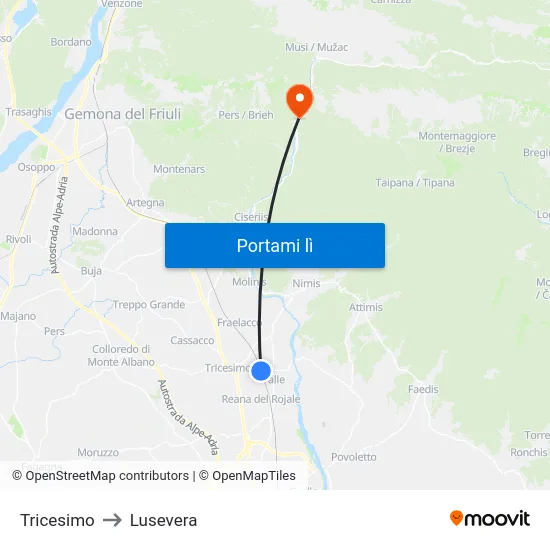 Tricesimo to Lusevera map