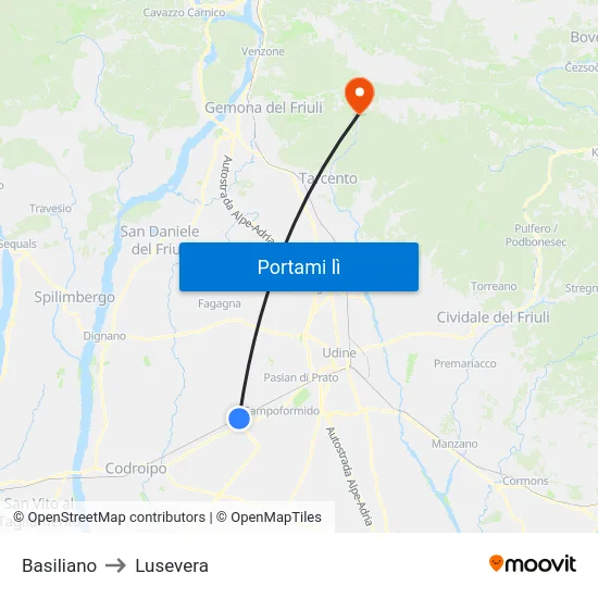 Basiliano to Lusevera map