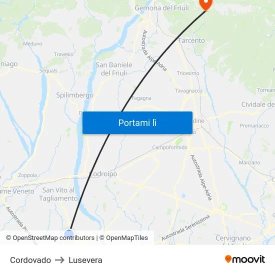 Cordovado to Lusevera map