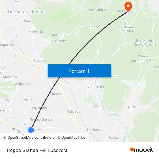 Treppo Grande to Lusevera map