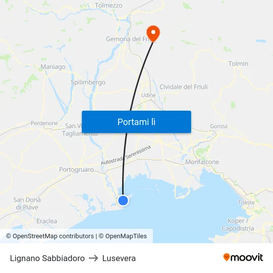 Lignano Sabbiadoro to Lusevera map