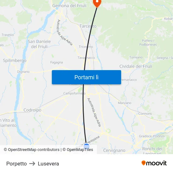 Porpetto to Lusevera map
