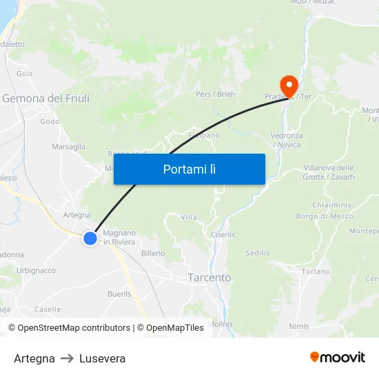 Artegna to Lusevera map
