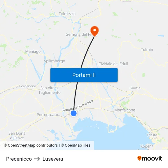 Precenicco to Lusevera map