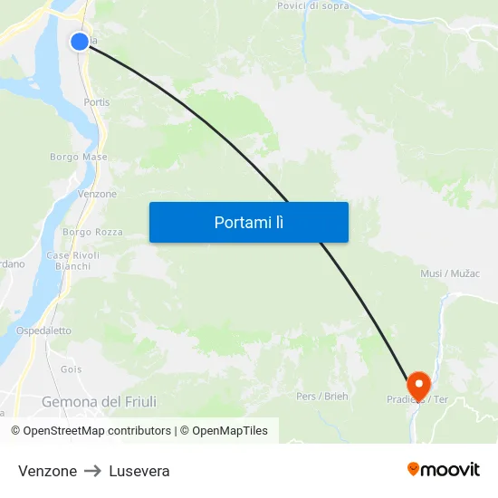 Venzone to Lusevera map