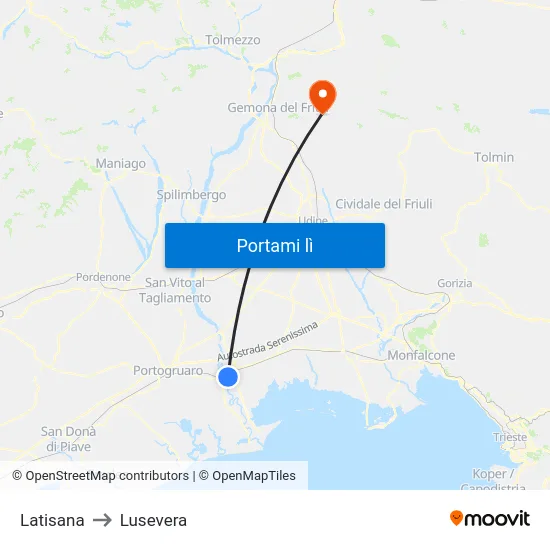 Latisana to Lusevera map