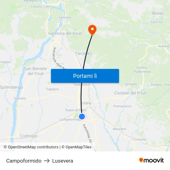 Campoformido to Lusevera map