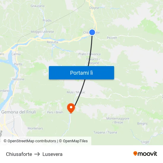 Chiusaforte to Lusevera map