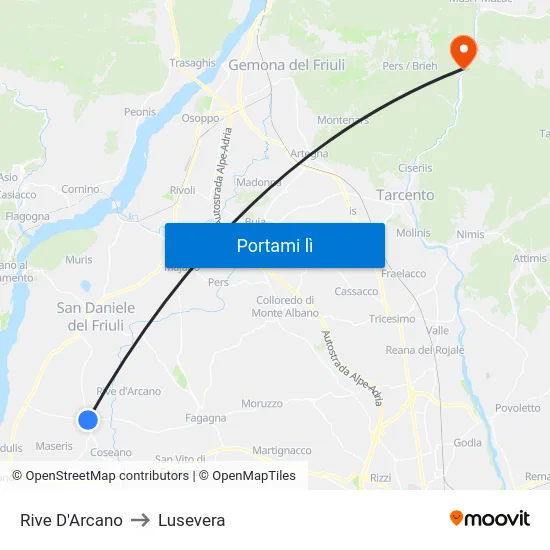Rive D'Arcano to Lusevera map