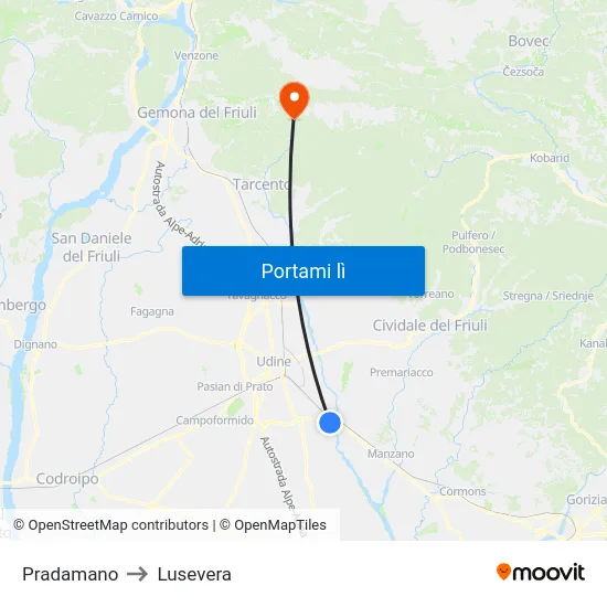 Pradamano to Lusevera map