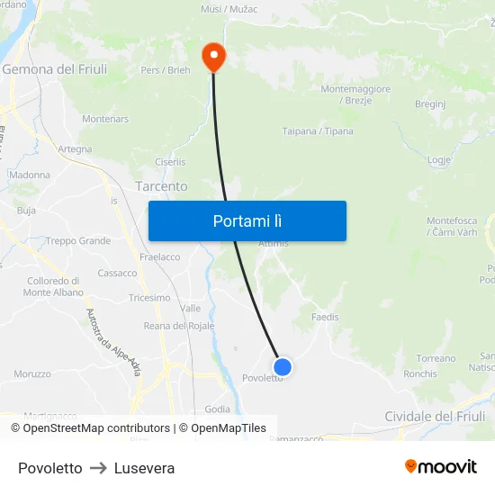 Povoletto to Lusevera map