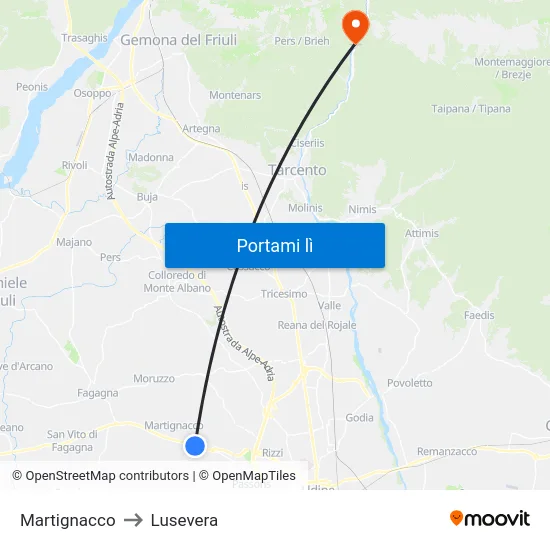 Martignacco to Lusevera map