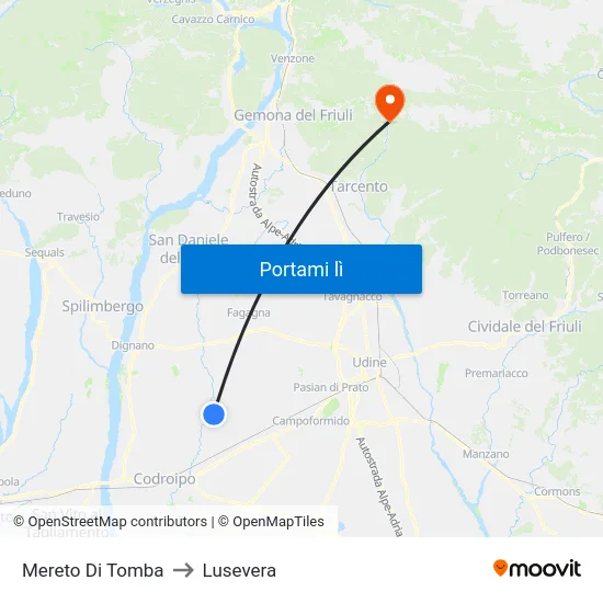 Mereto Di Tomba to Lusevera map