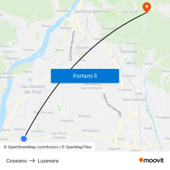 Coseano to Lusevera map