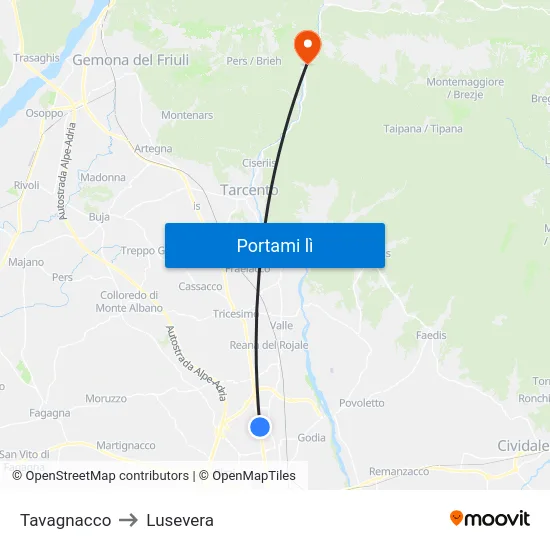 Tavagnacco to Lusevera map