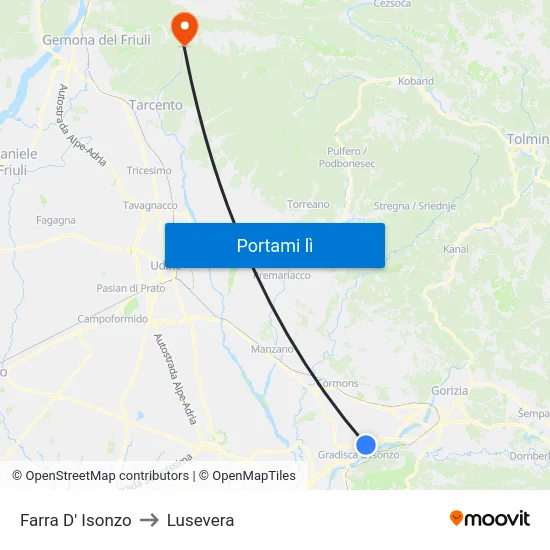 Farra D' Isonzo to Lusevera map