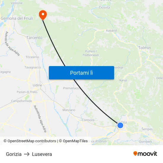 Gorizia to Lusevera map