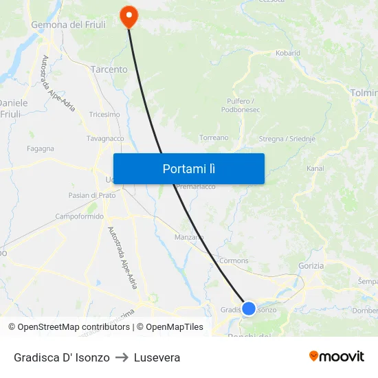 Gradisca D' Isonzo to Lusevera map