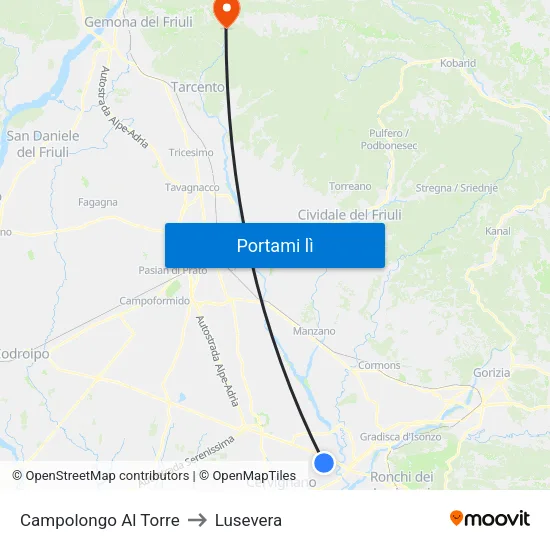 Campolongo Al Torre to Lusevera map