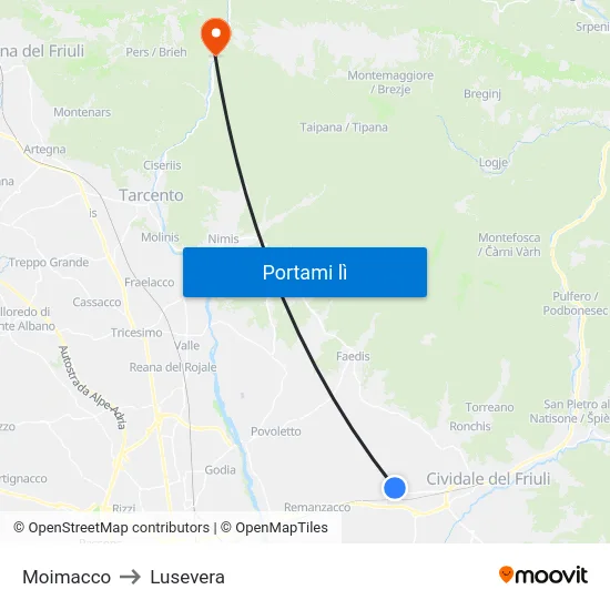 Moimacco to Lusevera map